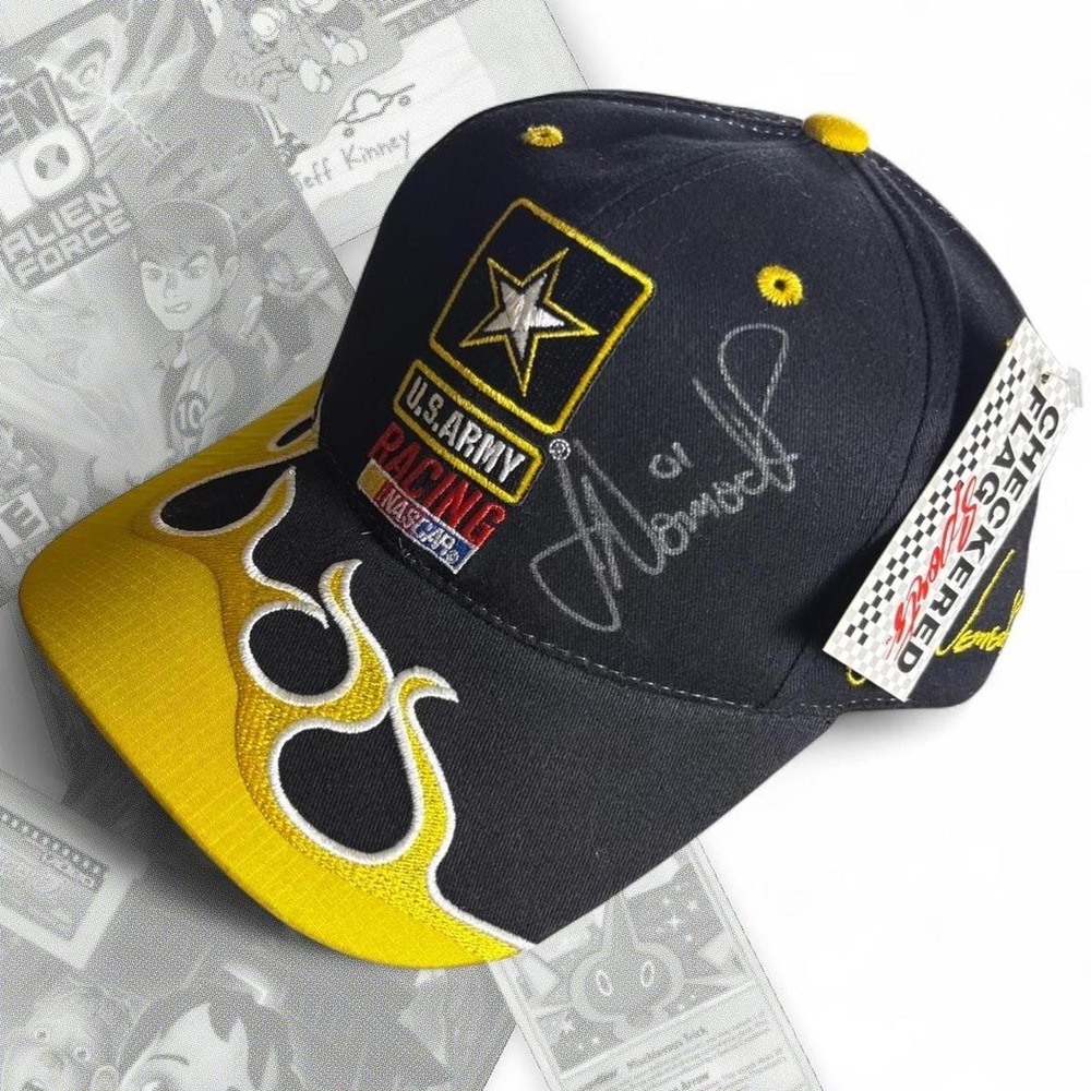 NWT Checkered Flag US Army NASCAR Joe Nemecheck 01 Signed Flame Hat Black Yellow